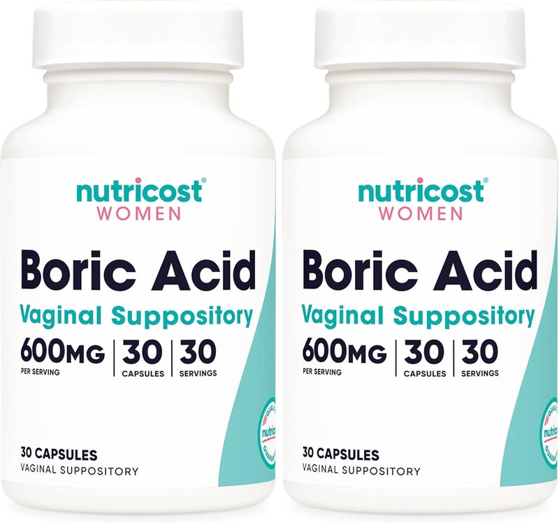 Nutricost Boric Acid 600mg, 30 Capsules - Vaginal Suppository - Non-GMO - for Women (Pack of 2) - Image 1